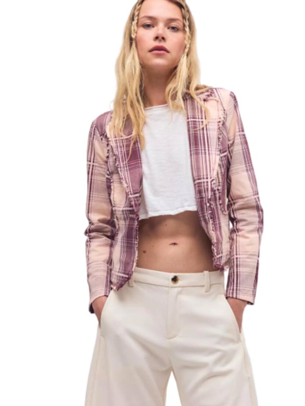 Free People Whip Smart Distressed Plaid Blazer